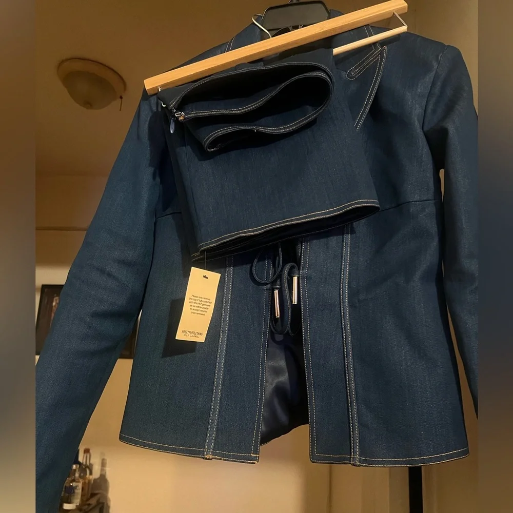 Dark Blue Lace-Up Denim Jacket and mini skirt- Women's - Picture 4 of 5